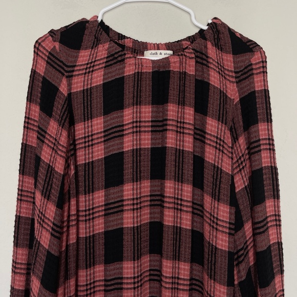 Anthropologie Cloth & Stone Women's Mini Dress Size L Plaid Pink Boho Peasant - Picture 2 of 9